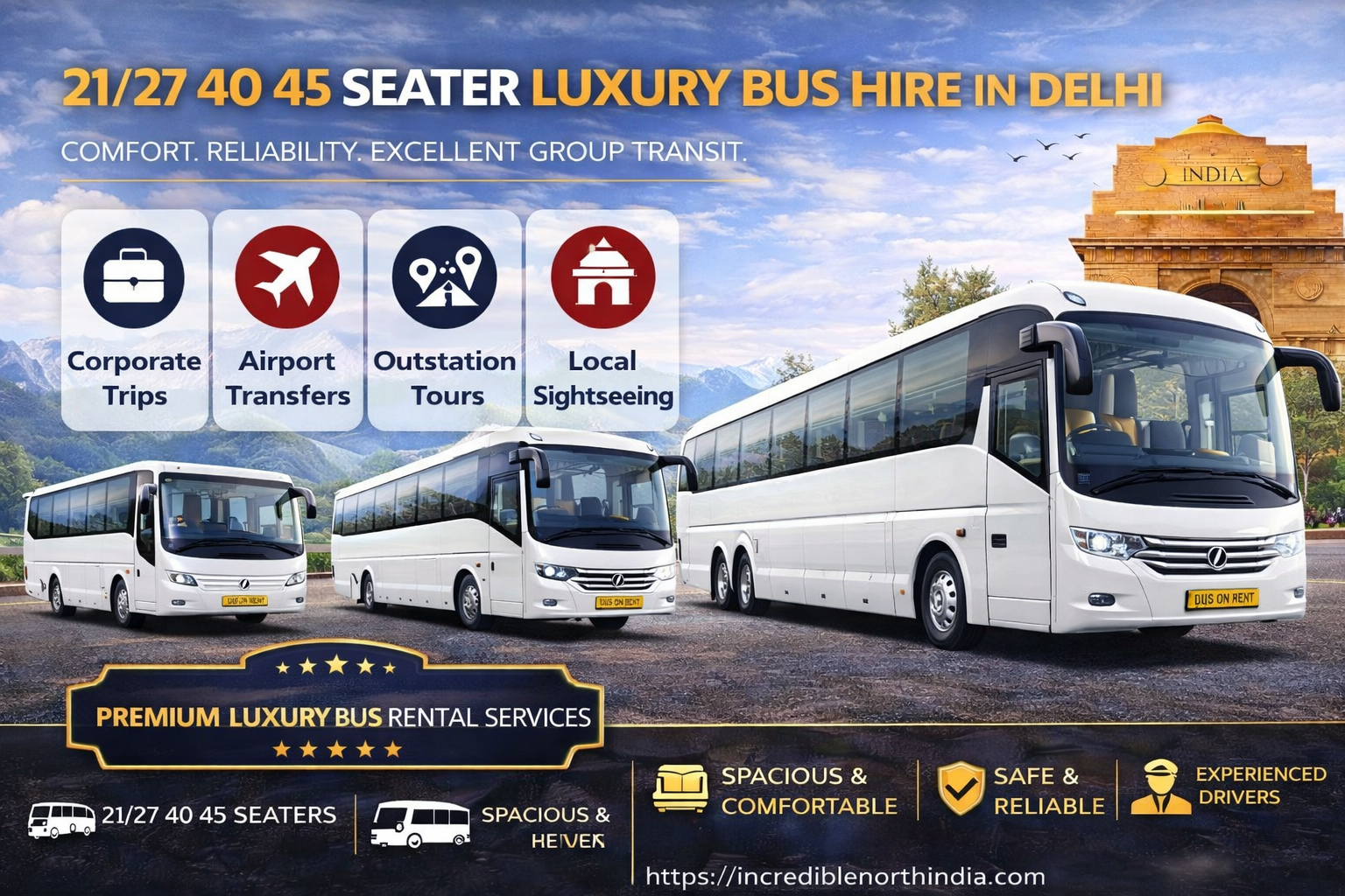 Luxury bus hire in Delhi with 21, 27, 40 and 45 seater buses for corporate travel, airport transfers, outstation tours and local sightseeing