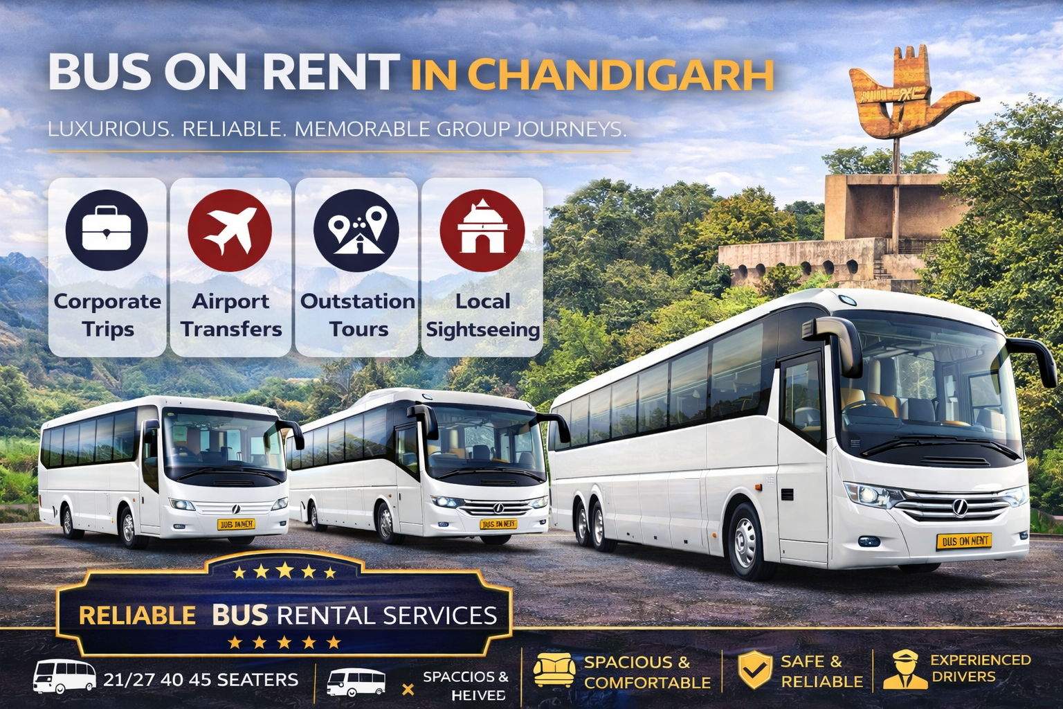 Bus on rent in Chandigarh for group travel with luxury buses available for corporate trips, airport transfers, outstation tours and local sightseeing
