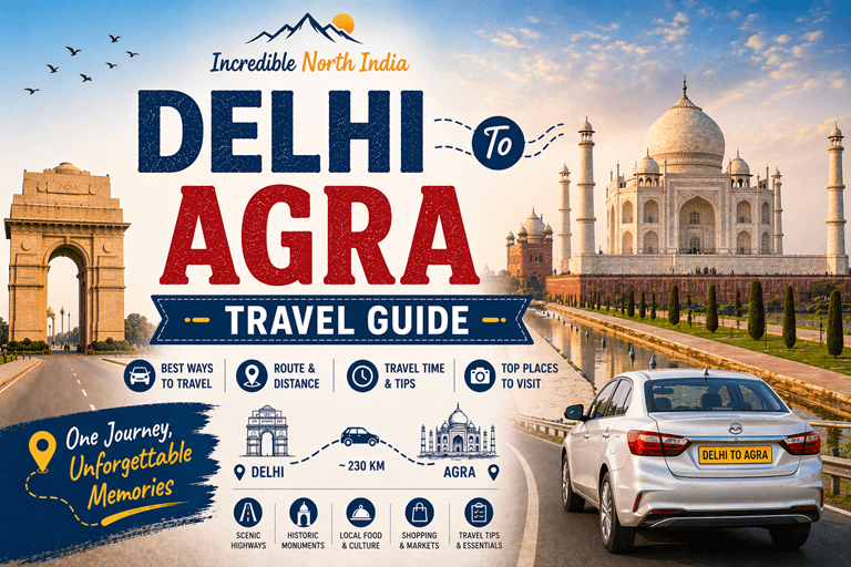 Delhi to Agra road trip route map with distance, Yamuna Expressway drive, travel time and Taj Mahal view