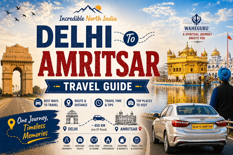 Delhi to Amritsar road trip route map with distance, travel time, Golden Temple view and Punjab highway journey