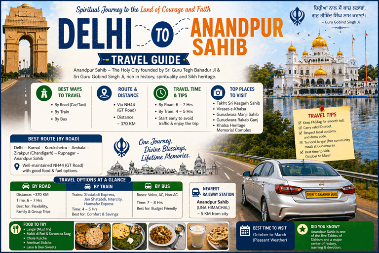 Complete Delhi to Anandpur Sahib travel guide covering distance, routes, best time, transport options, and essential tips for a smooth, quick, and comfortable road trip.