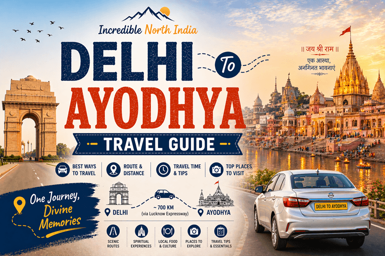 Delhi to Ayodhya road trip route map with distance, travel time, expressway drive and Ram Mandir Ayodhya view