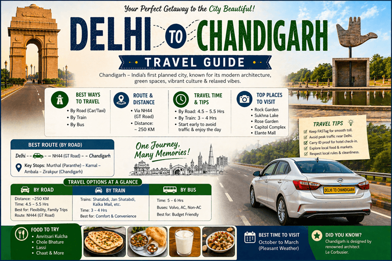 Delhi to Chandigarh road trip route map with distance, travel time, NH44 highway drive and modern city skyline views