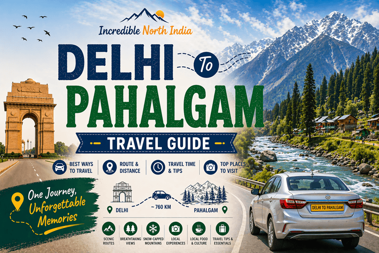 Delhi to Pahalgam road trip route map with distance, travel time, Lidder Valley scenic views and Kashmir mountain landscapes