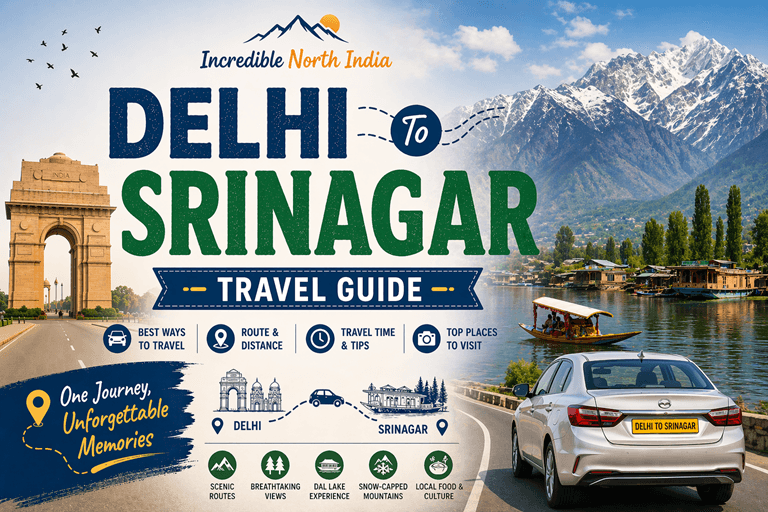 Delhi to Srinagar road trip route map with distance, travel time, scenic views of Kashmir valley and Himalayan highway journey