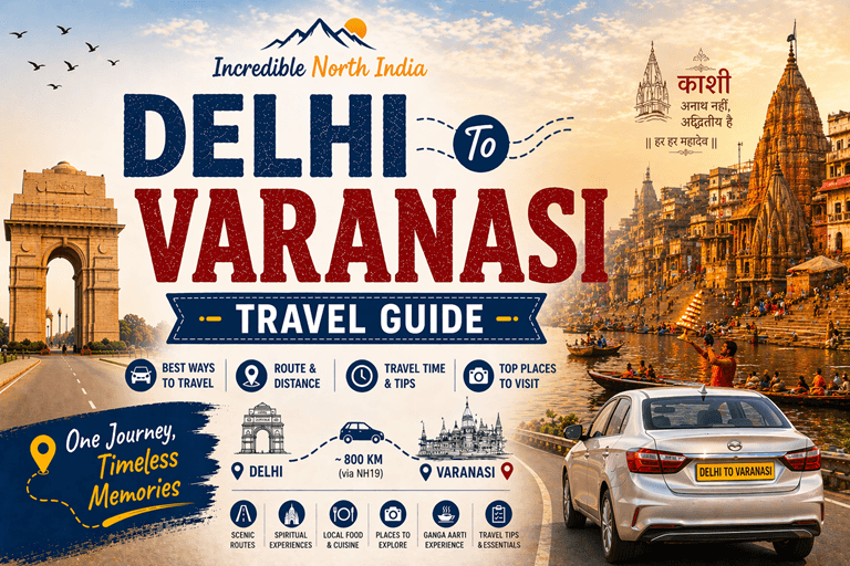Delhi to Varanasi road trip route map with distance, travel time, Ganga ghats view and highway journey across Uttar Pradesh