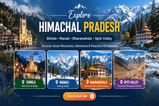 Shimla, Manali, Dharamshala, Spiti Valley, Kasol Discover Snow Mountains, Adventure & Peaceful Hill Stations