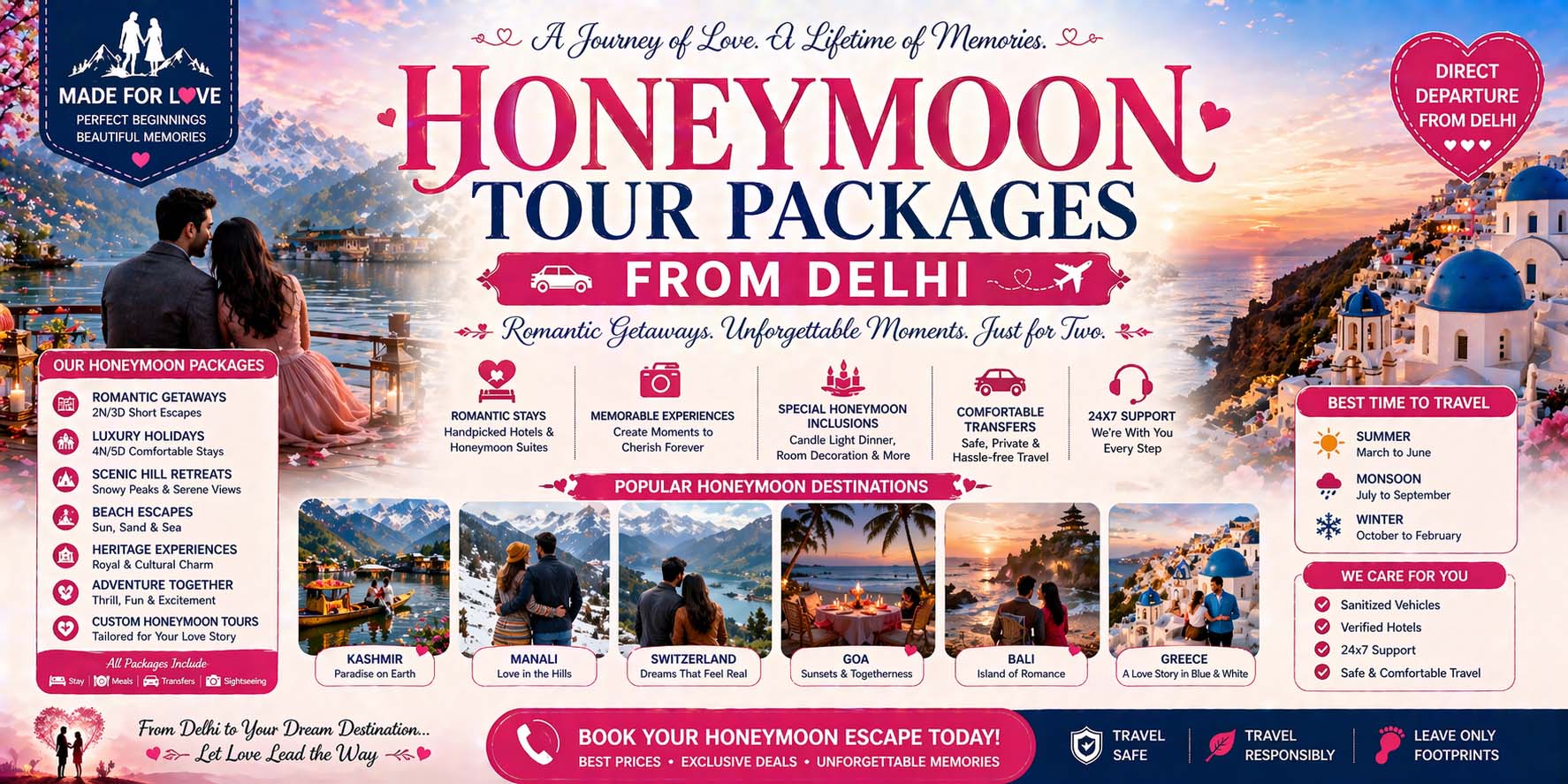Honeymoon Tour Packages from Delhi – Romantic Getaways, Itinerary, Cost & Deals