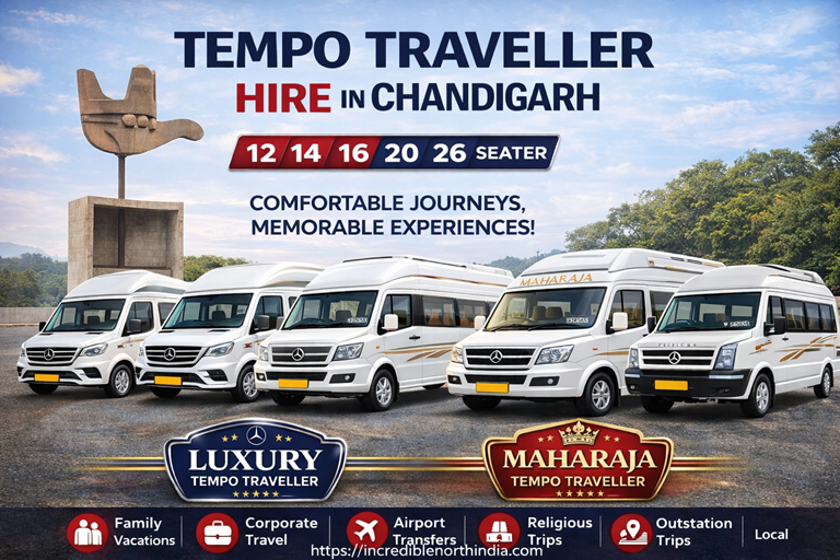 Tempo Traveller hire in Chandigarh – 12, 14, 16, 20, 26 seater luxury and Maharaja tempo traveller rental for local tours, corporate travel, airport pickup and outstation trips from Chandigarh
