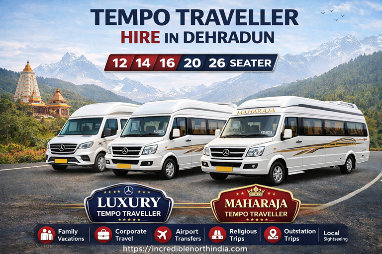 Tempo Traveller hire in Dehradun – 12, 14, 16, 20, 26 seater luxury and Maharaja tempo traveller booking for Mussoorie, Rishikesh, Haridwar trips, local sightseeing and outstation travel
