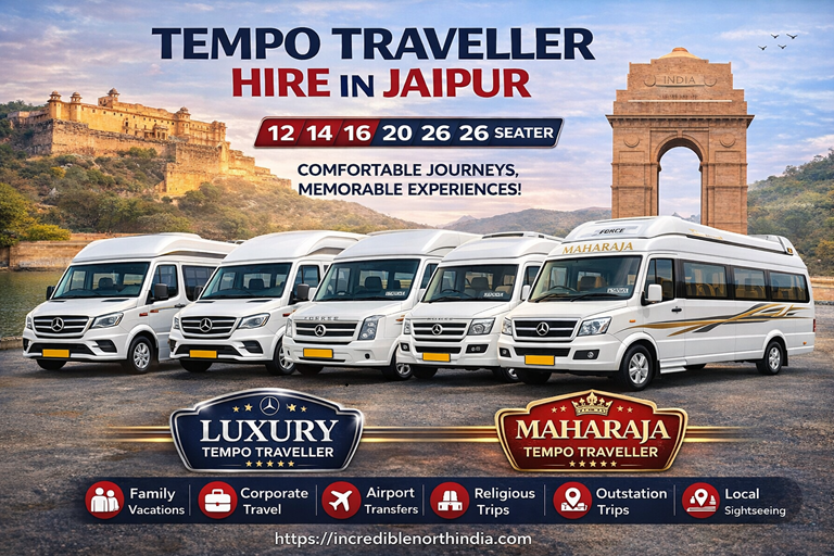 Tempo Traveller hire in Jaipur – 12, 14, 16, 20, 26 seater luxury and Maharaja tempo traveller rental for Rajasthan tours, local sightseeing, family vacations and group travel in Jaipur