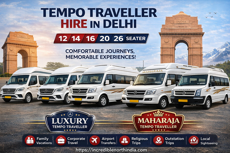 Tempo Traveller hire in Delhi – 12, 14, 16, 20, 26 seater luxury and Maharaja tempo traveller rental for local sightseeing, outstation trips, airport transfers and family travel in Delhi