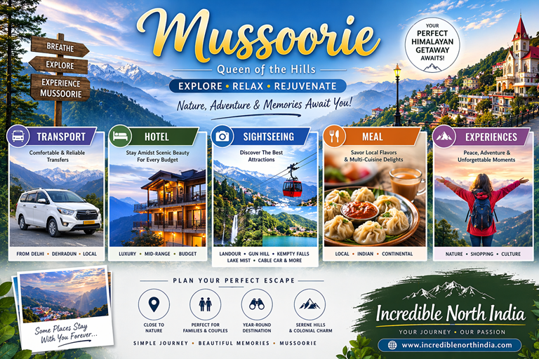 Mussoorie tour from Delhi hill station trip Kempty Falls Mall Road sightseeing car rental Incredible North India