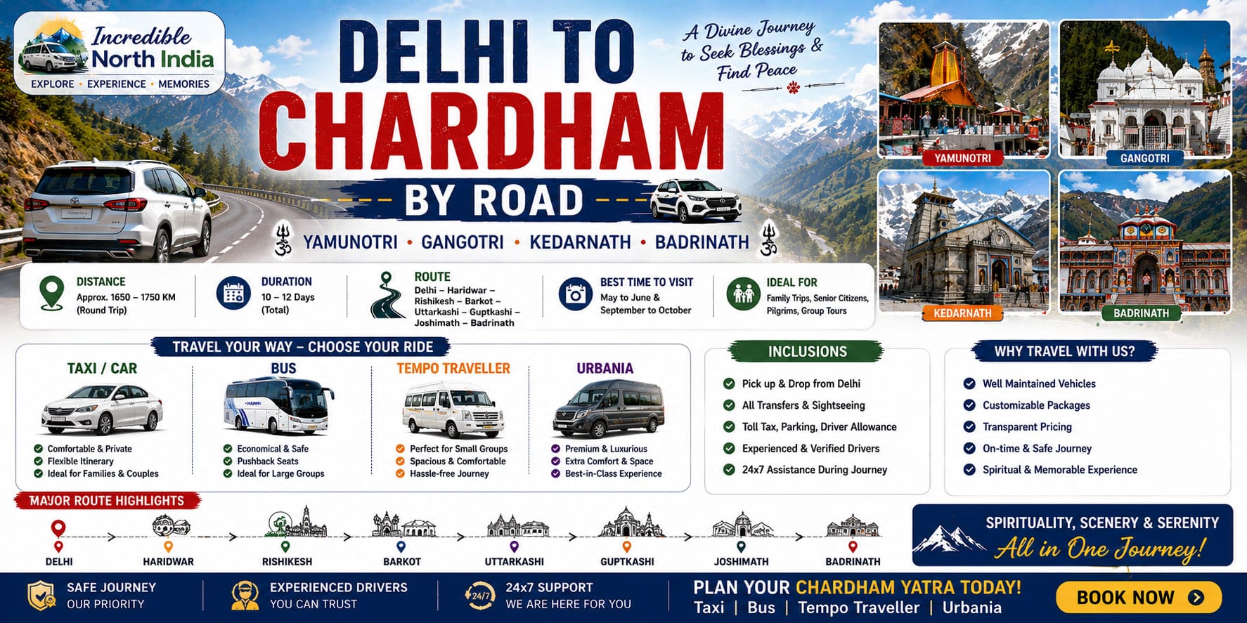 Delhi to Chardham by Road Taxi, Bus & Tempo Traveller – Complete Travel Guide