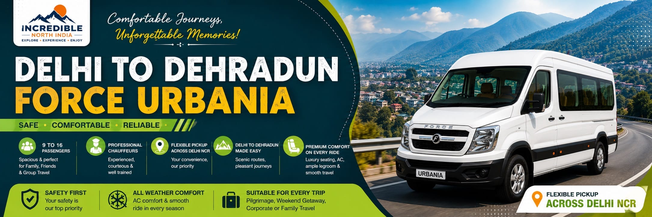 Luxury Delhi to Dehradun Force Urbania Rental for Comfortable Group Travel