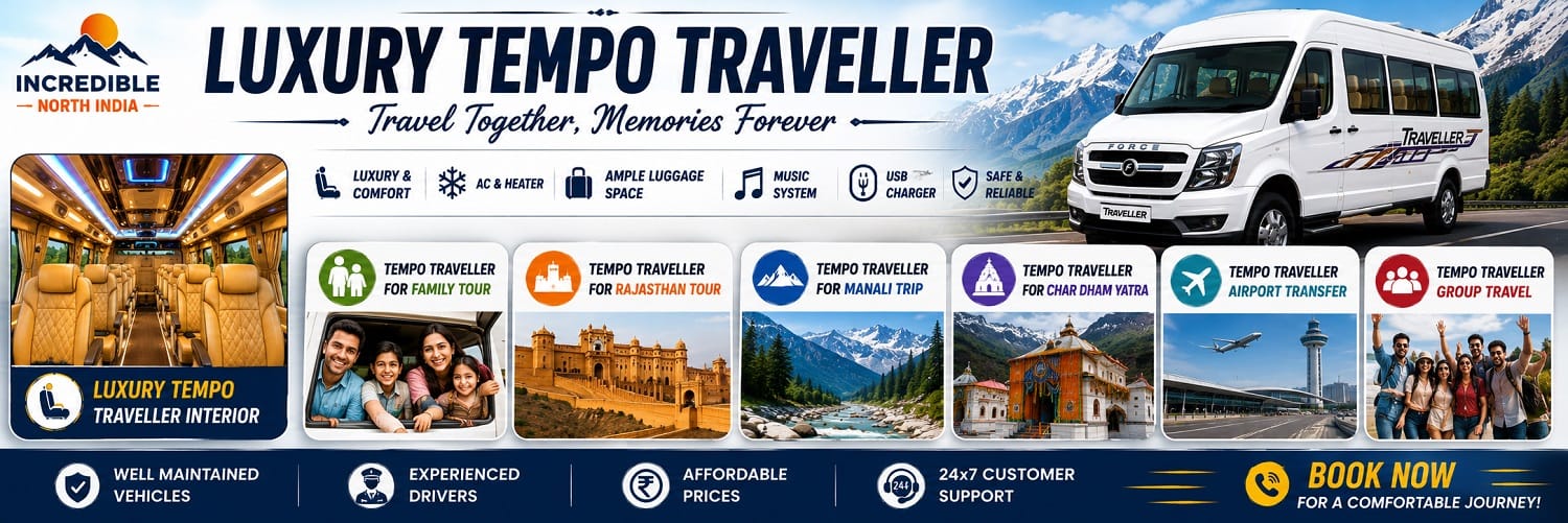 Luxury Tempo Traveller Interior
Tempo Traveller for Family Tour
Tempo Traveller for Rajasthan Tour
Tempo Traveller for Manali Trip
Tempo Traveller for Char Dham Yatra
Tempo Traveller Airport Transfer
Tempo Traveller Group Travel