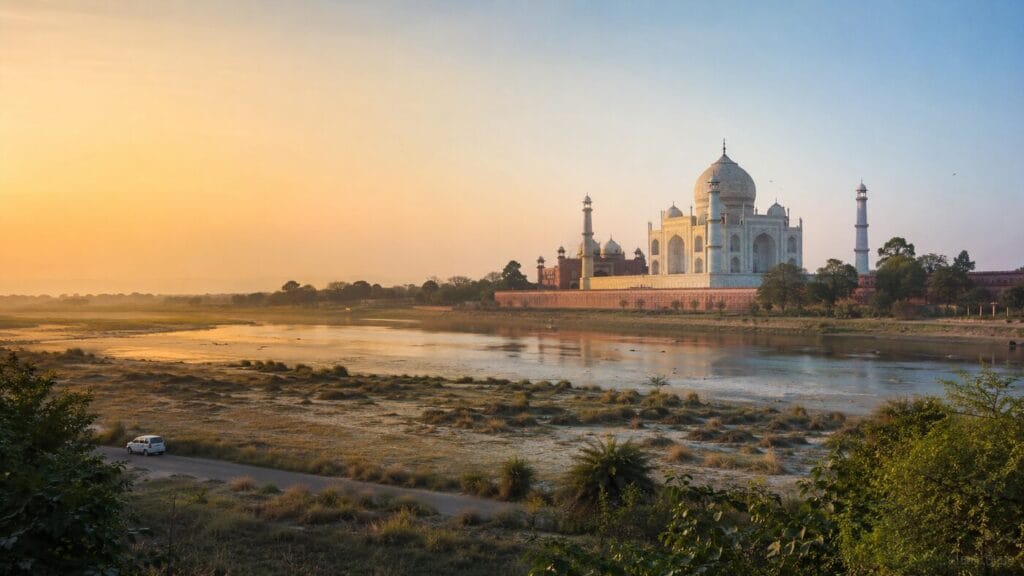 Taj Mahal across the Yamuna at sunrise near an Agra road