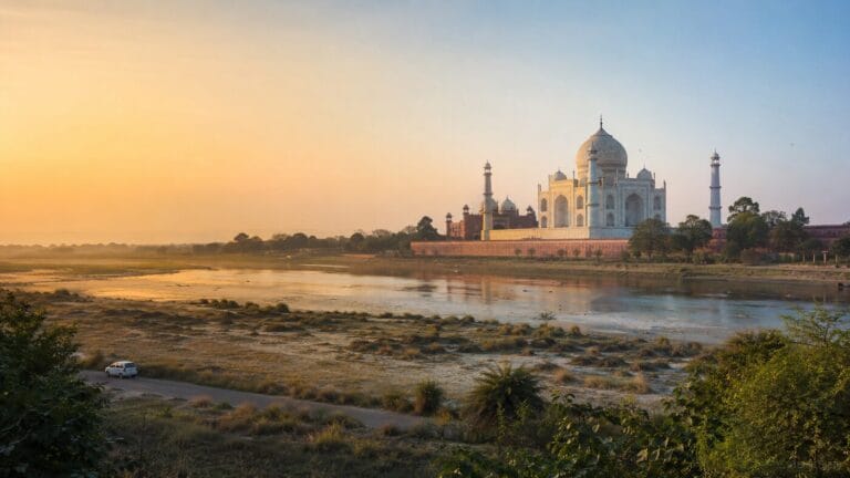 Taj Mahal across the Yamuna at sunrise near an Agra road