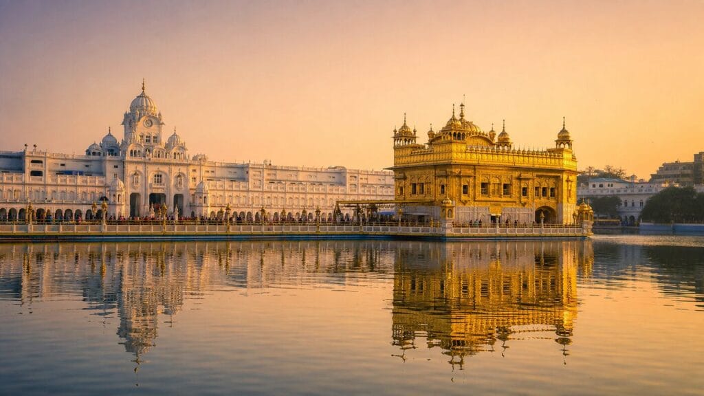 Golden Temple reflected in the sarovar at sunrise in Amritsar