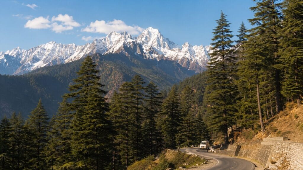 Chopta mountain road through deodar forest with snowy peaks