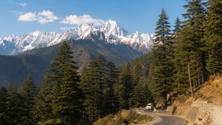 Chopta mountain road through deodar forest with snowy peaks