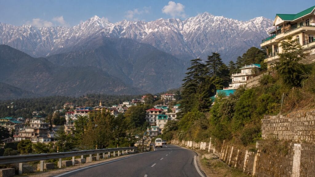 Dharamshala road with hillside homes and Dhauladhar mountains
