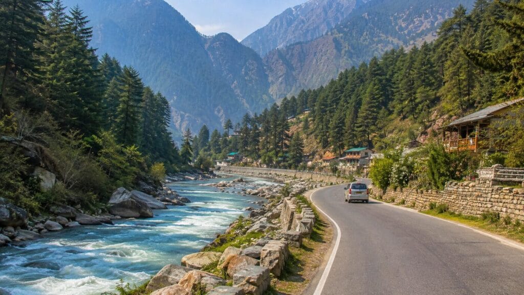 Kasol road beside the Parvati River and pine-covered mountains