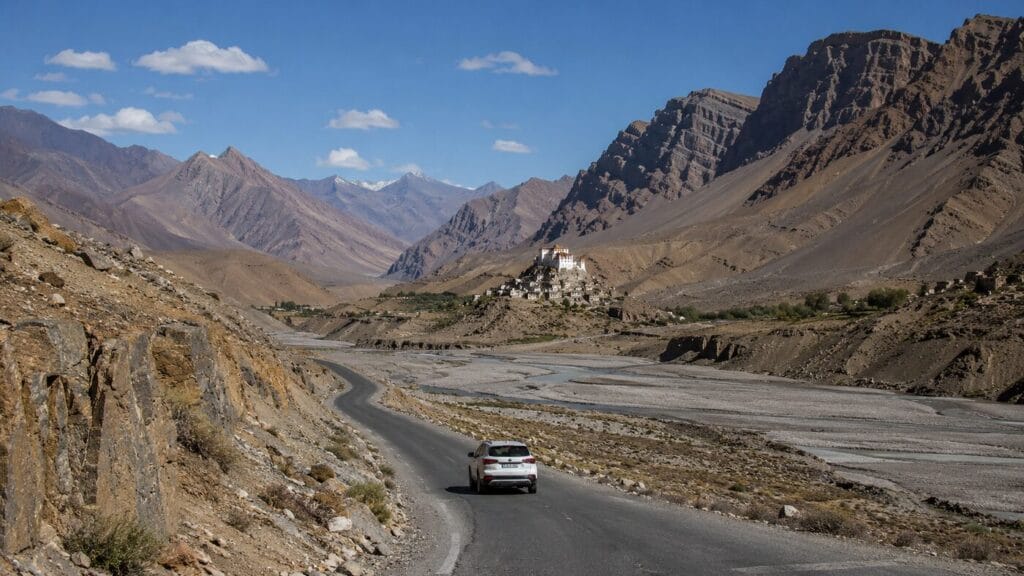 Spiti Valley road beside a cold-desert river and Buddhist monastery