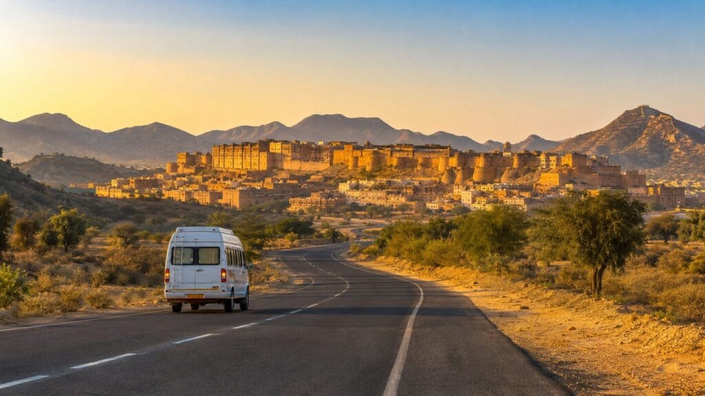 Tempo Traveller on a Rajasthan highway approaching a sandstone fort city