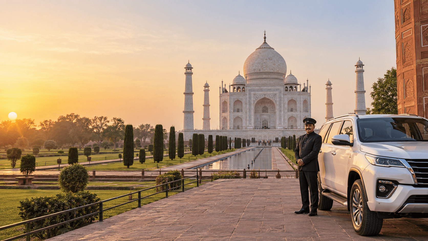 The Taj Mahal at sunrise on a private tour from Delhi
