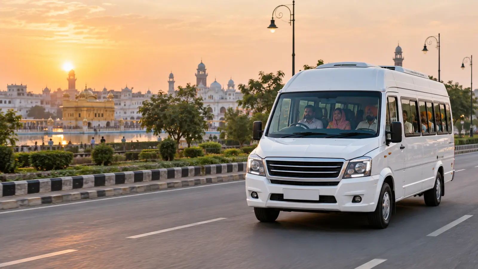 White Tempo Traveller on an Amritsar road with the Golden Temple district in the background