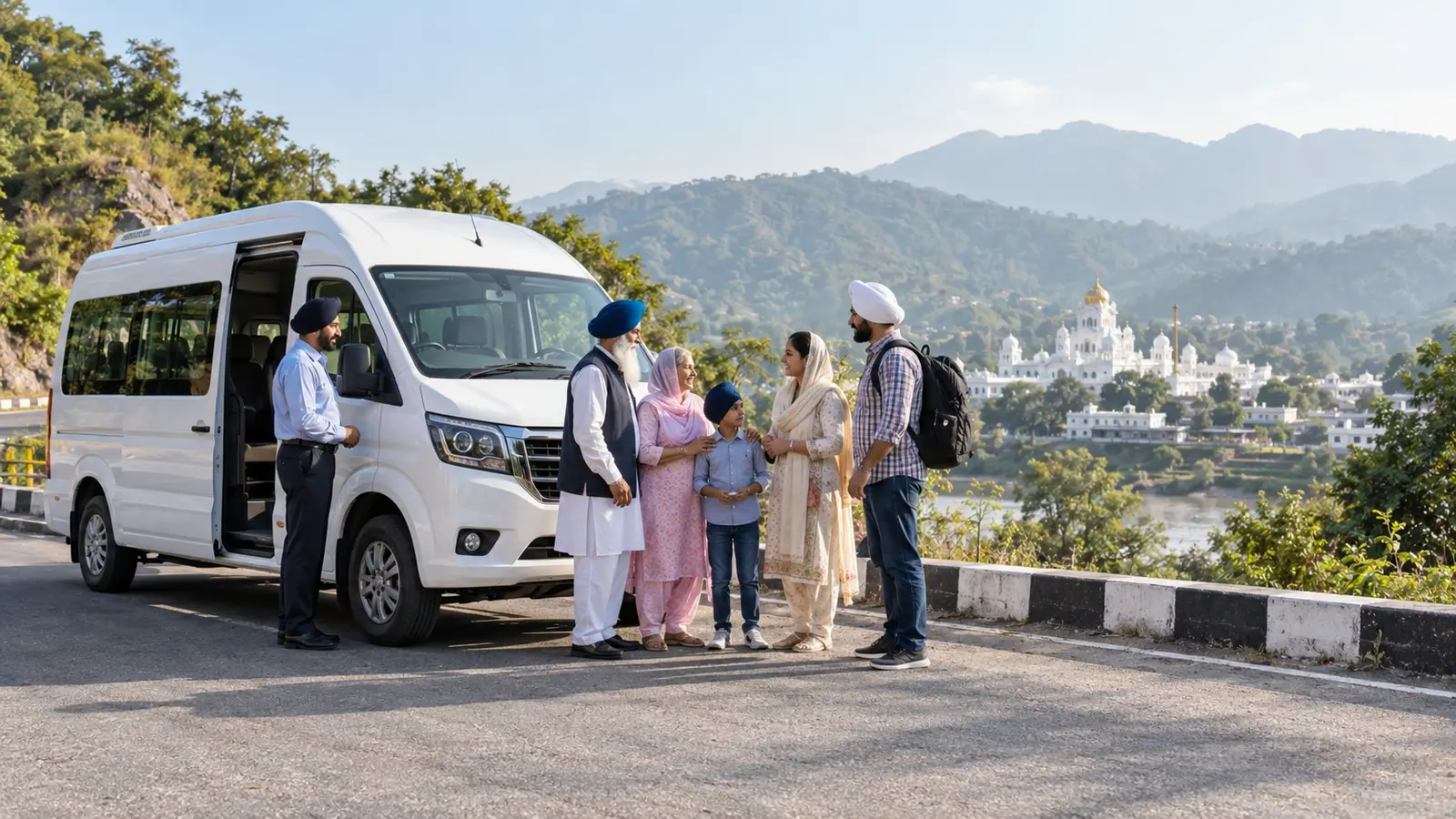 Family and senior travellers beside a Tempo Traveller near Anandpur Sahib