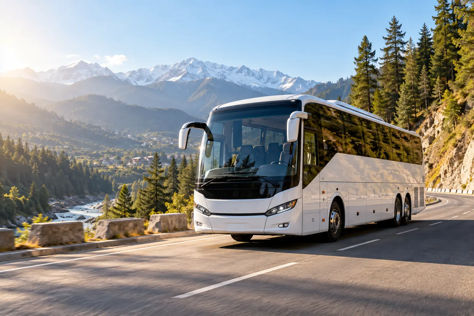 Representative touring coach on a mountain road