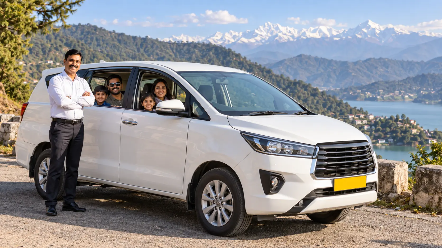 Illustrative family road trip with car and driver in North India