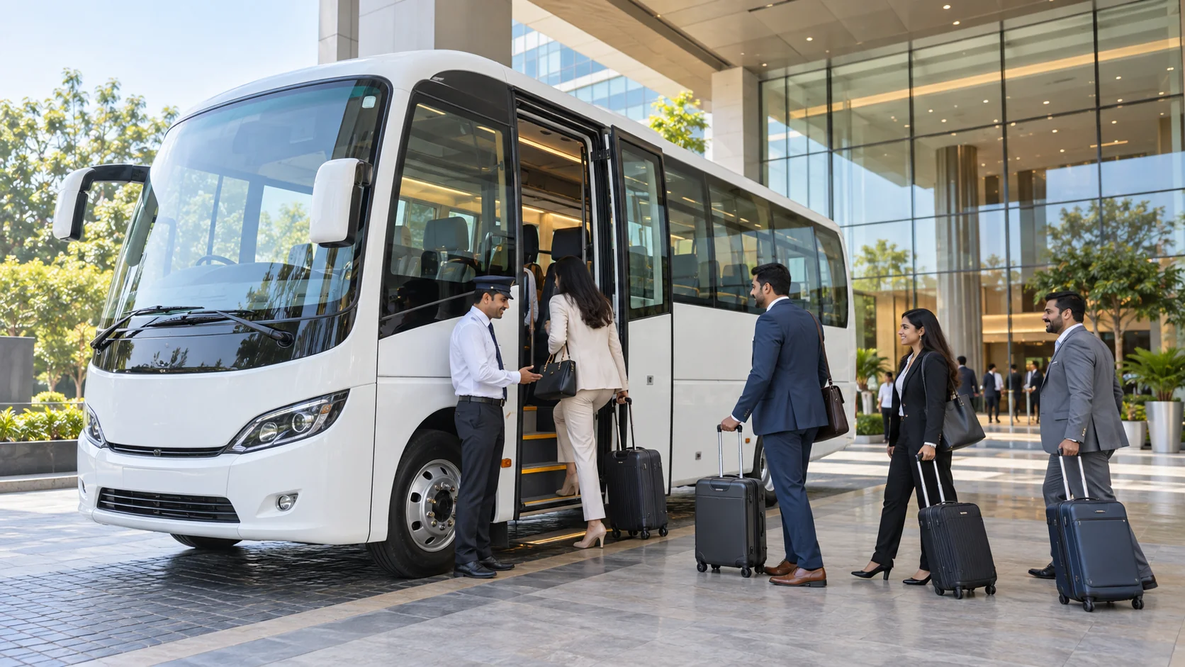 Illustrative conference delegates boarding a coach