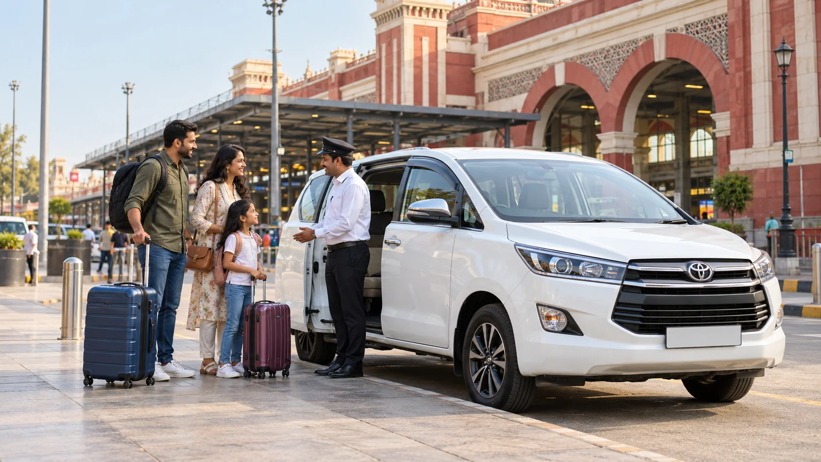 Illustrative railway arrival with family luggage and a private car pickup