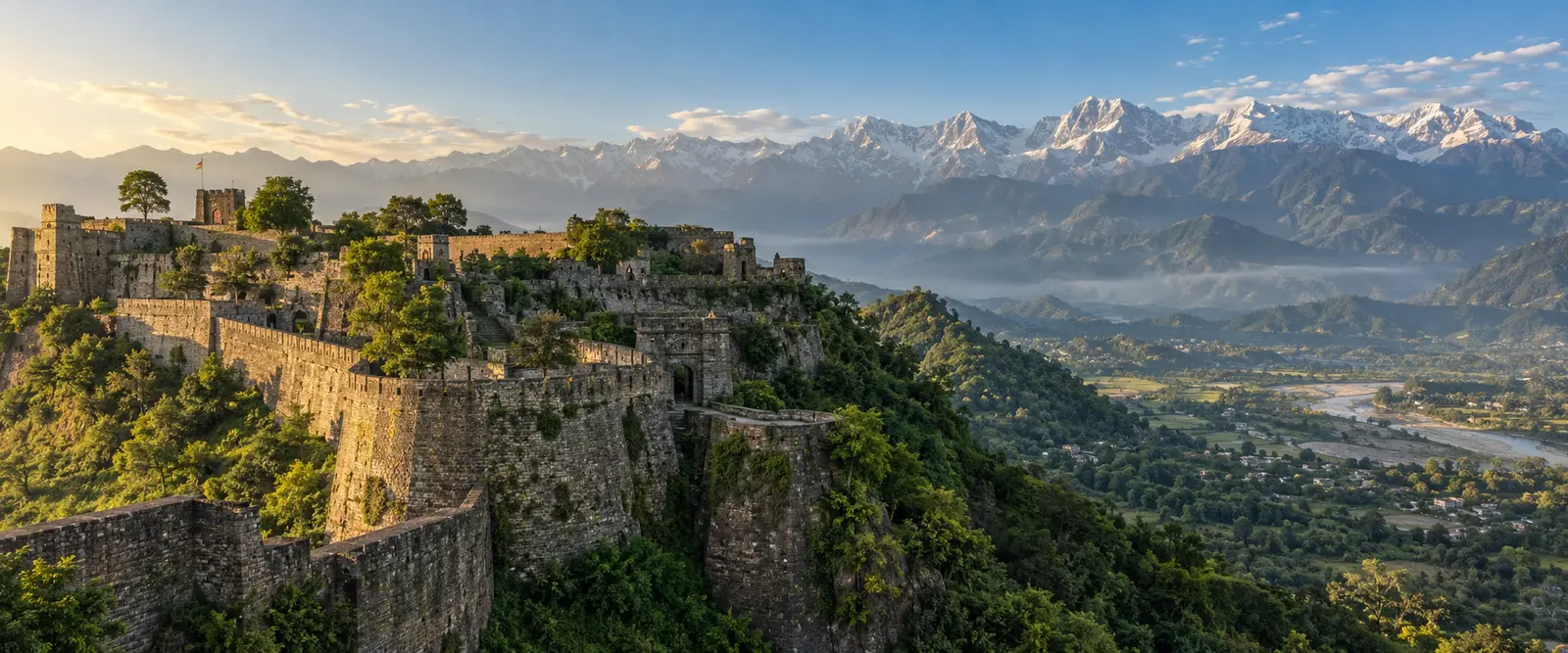 Kangra Fort and Dhauladhar mountain landscape in Himachal Pradesh