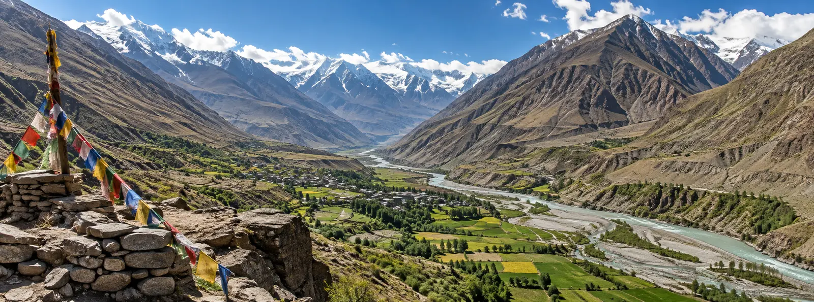 Lahaul Valley road with snow mountains near Sissu and Keylong