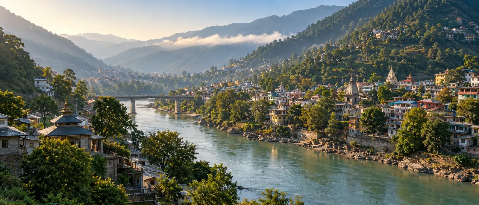 Mandi town and temples beside the Beas River in Himachal Pradesh