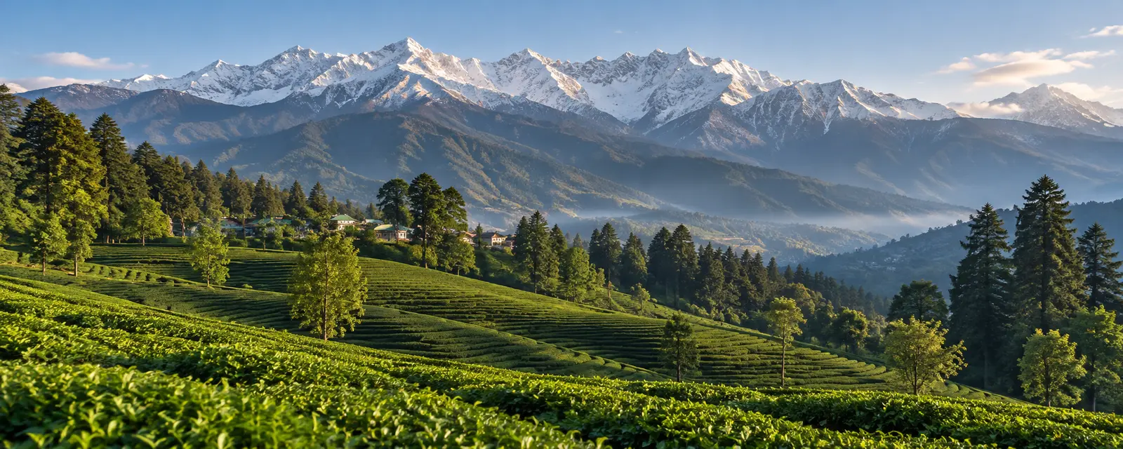 Palampur tea gardens beneath the Dhauladhar mountains in Himachal Pradesh