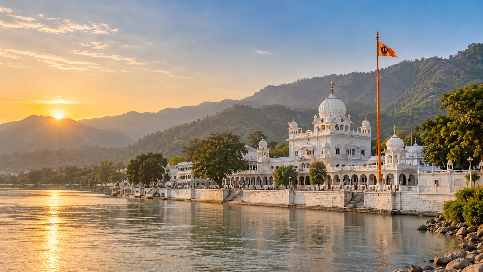 Gurdwara Paonta Sahib beside the Yamuna River and forested hills