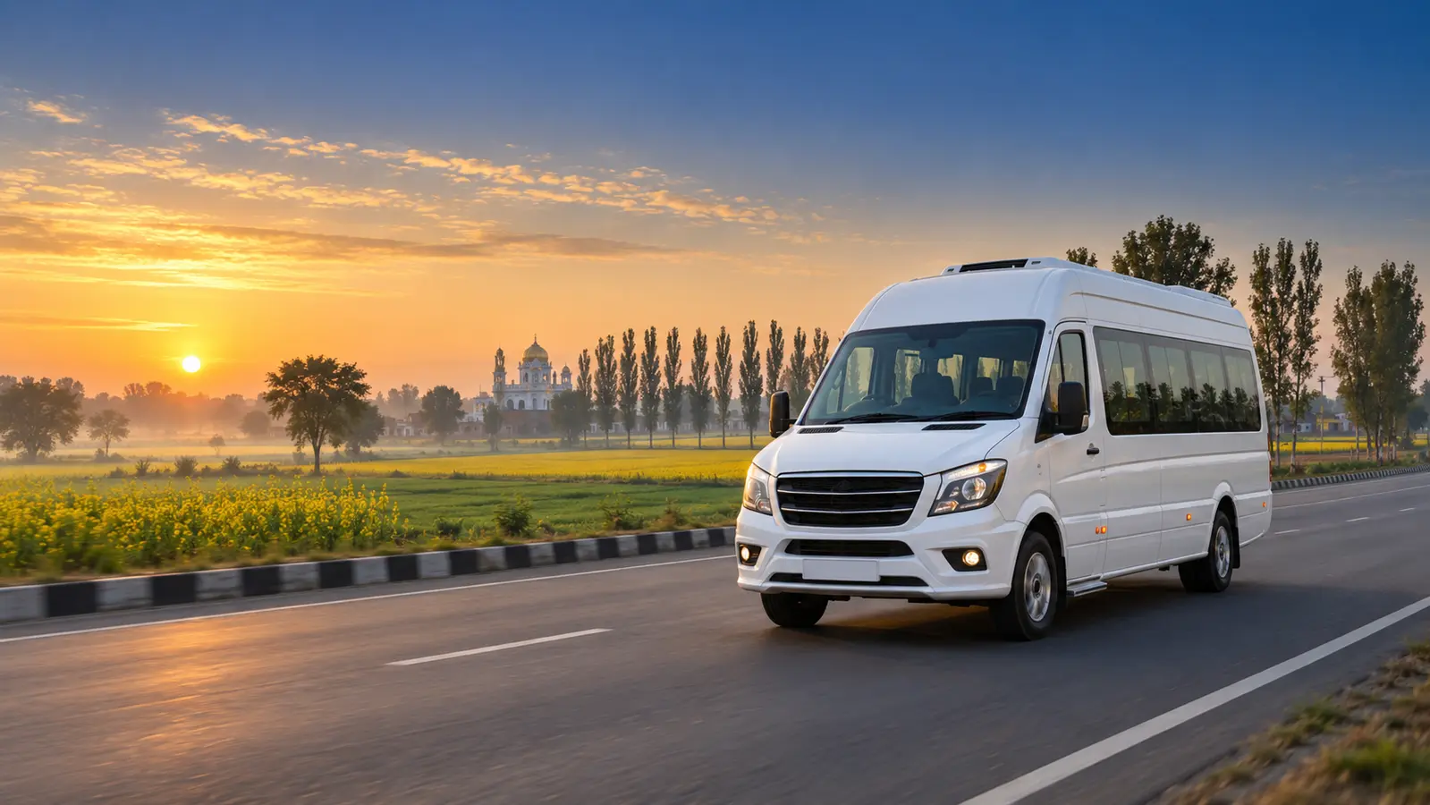 White luxury Tempo Traveller on a Punjab highway beside mustard fields at sunrise