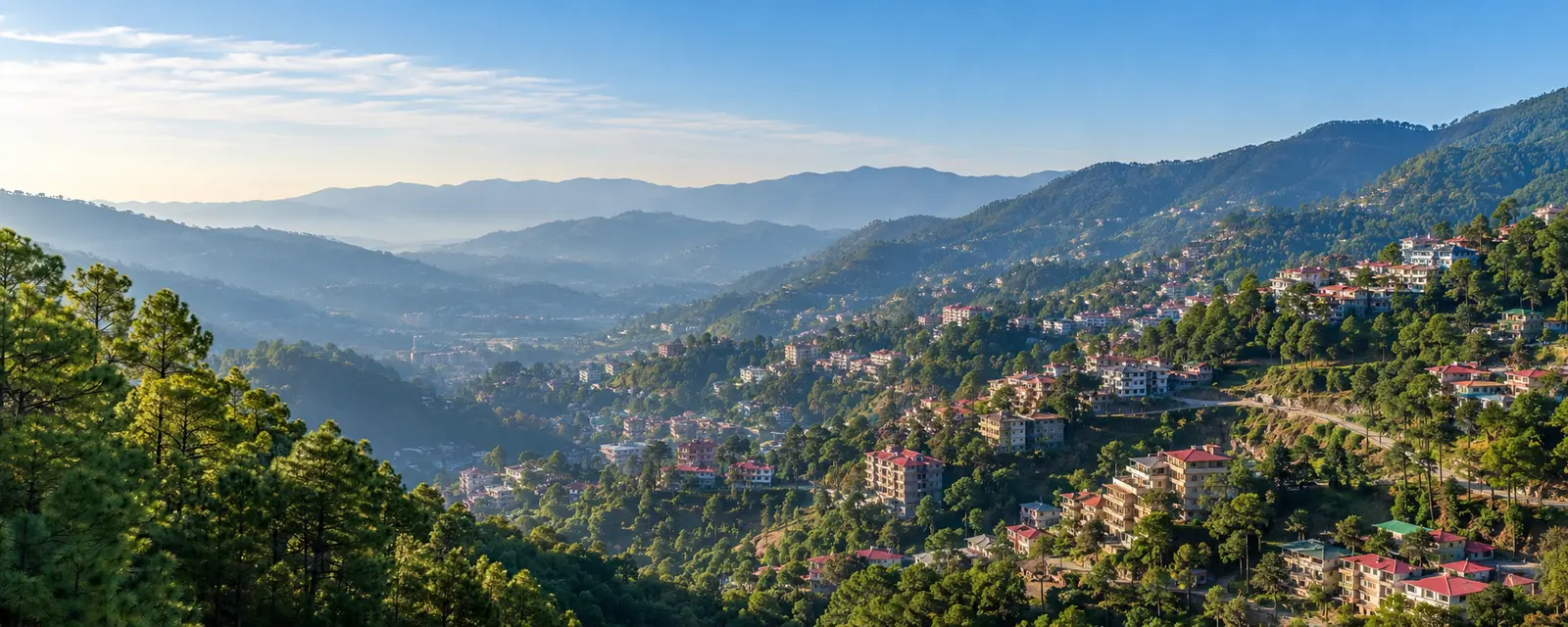 Solan hillside town and pine-covered Shivalik hills in Himachal Pradesh