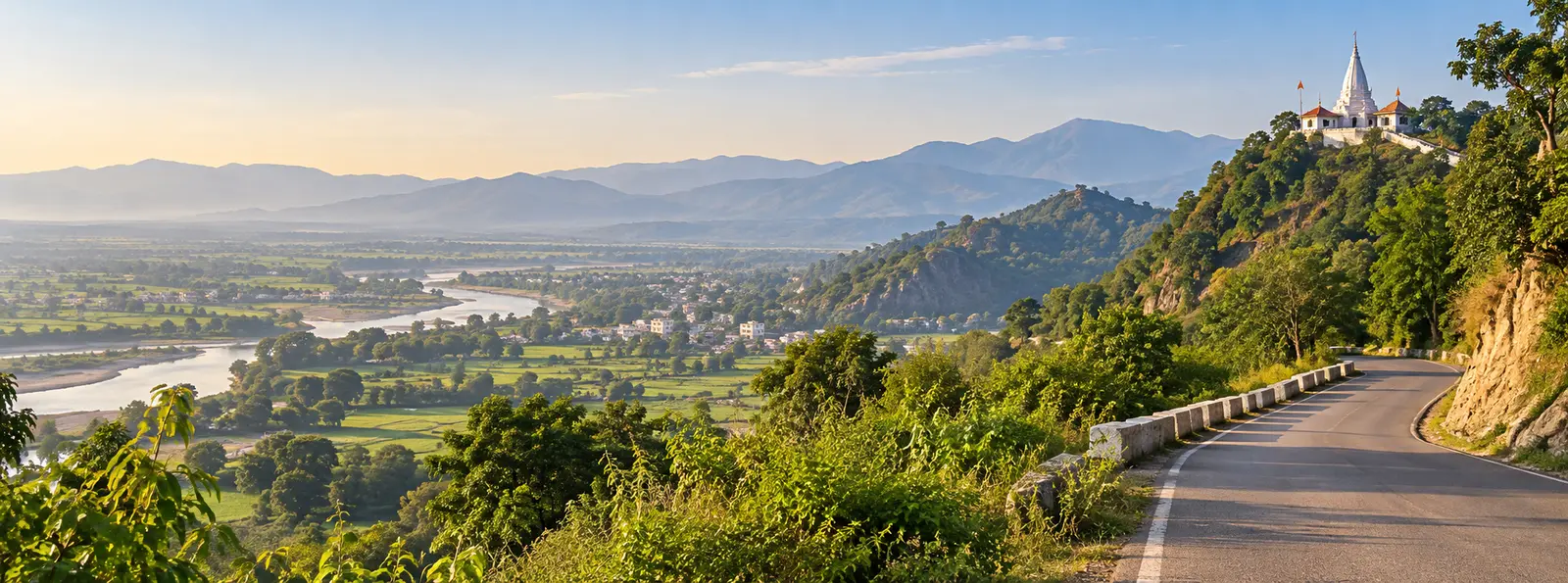 Una Himachal landscape with green Shivalik foothills and temple route