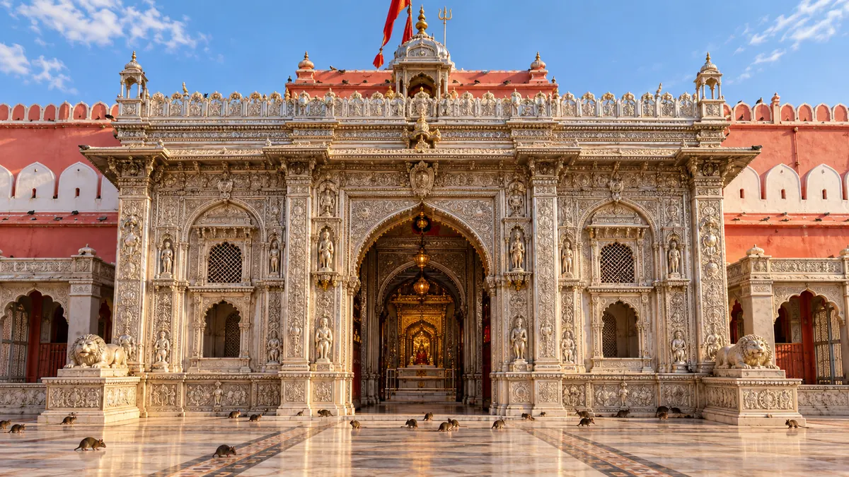 AI-generated illustrative scene for Deshnok Karni Mata; not a verified destination photograph.