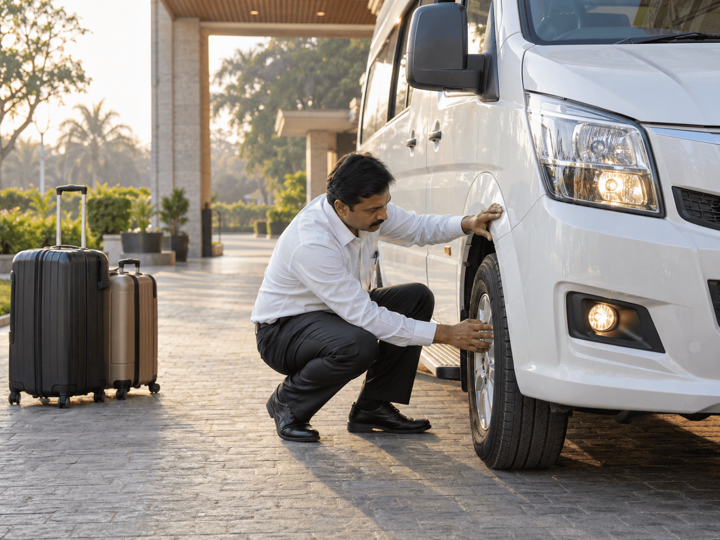 Professional driver completing a pre-trip vehicle safety check