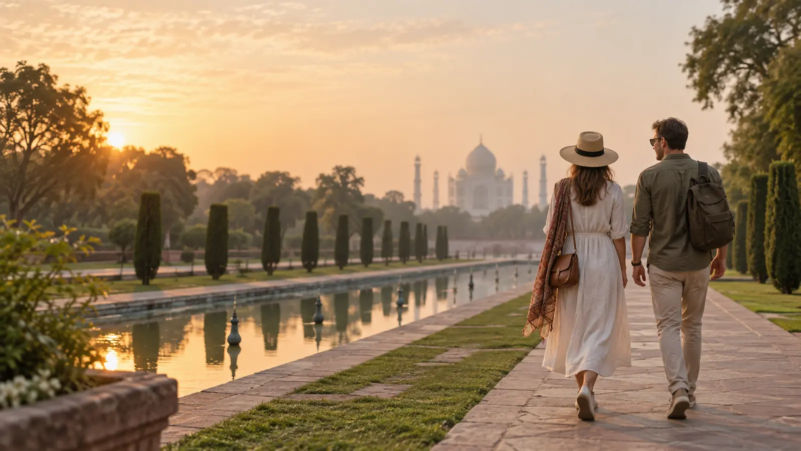 International travellers viewing the Taj Mahal during a Golden Triangle tour