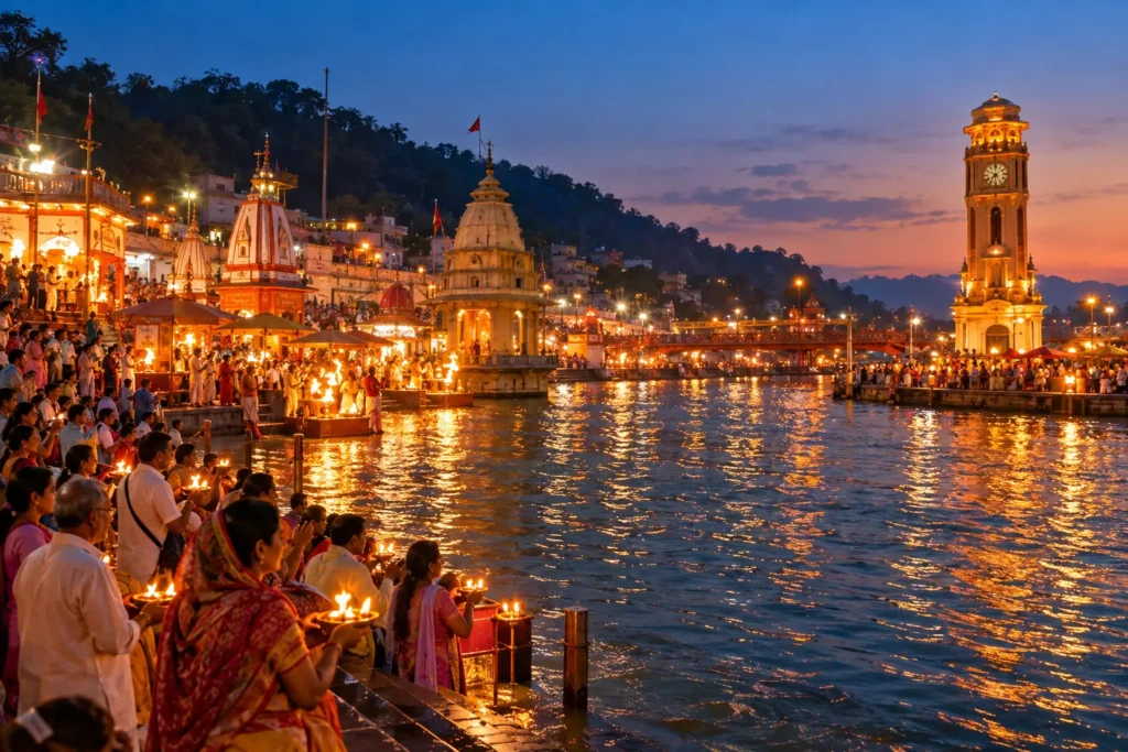 Haridwar ghats beside the Ganga at dusk