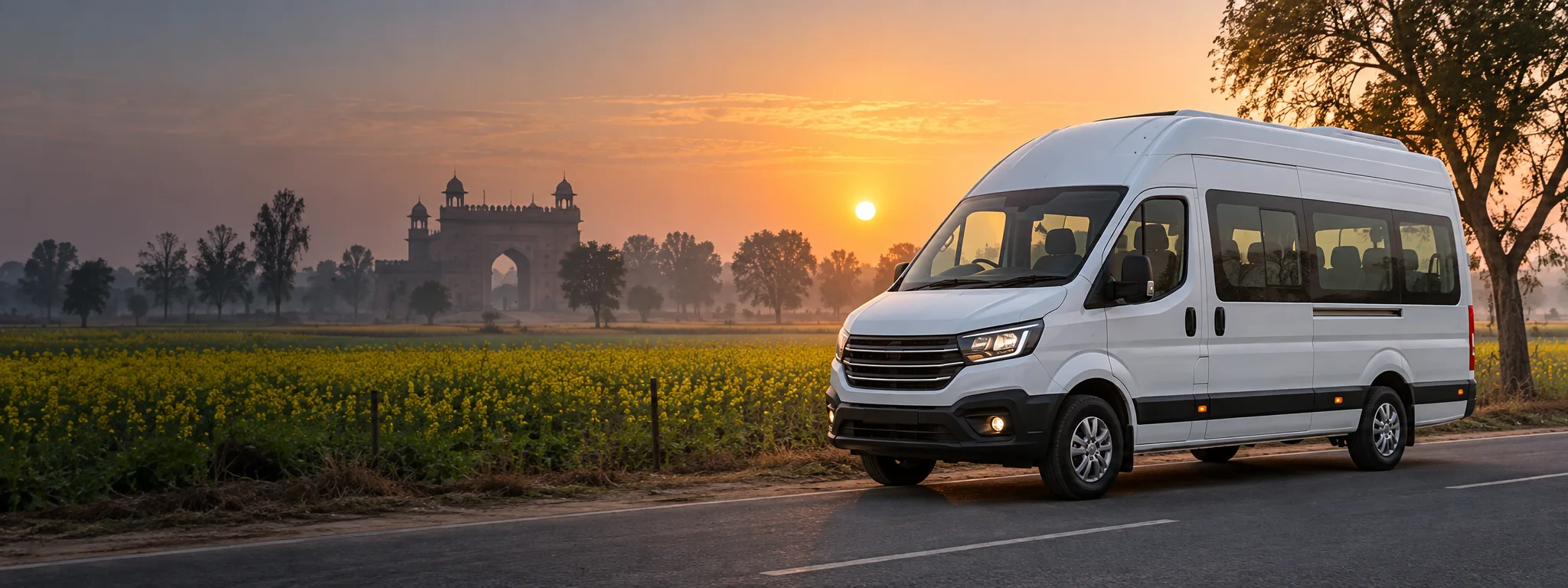 Illustrative Haryana road journey with an Urbania group van
