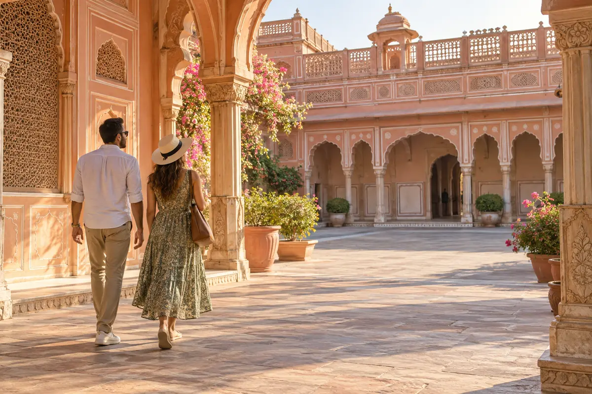 International travellers exploring a Jaipur heritage courtyard